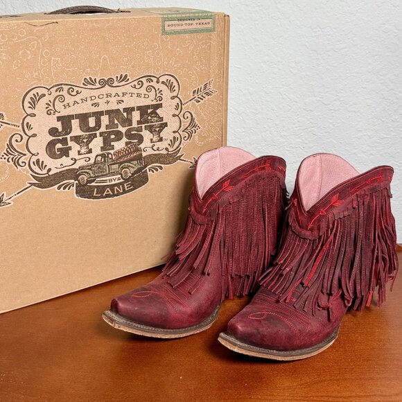 Junk Gypsy Lane Red Spitfire Fringe Booties Size 9 Leather Snip Toe Western Box - Picture 1 of 10